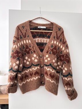 Zara Brown Patterned V-Neck Button Cardigan Sweater Sz Small